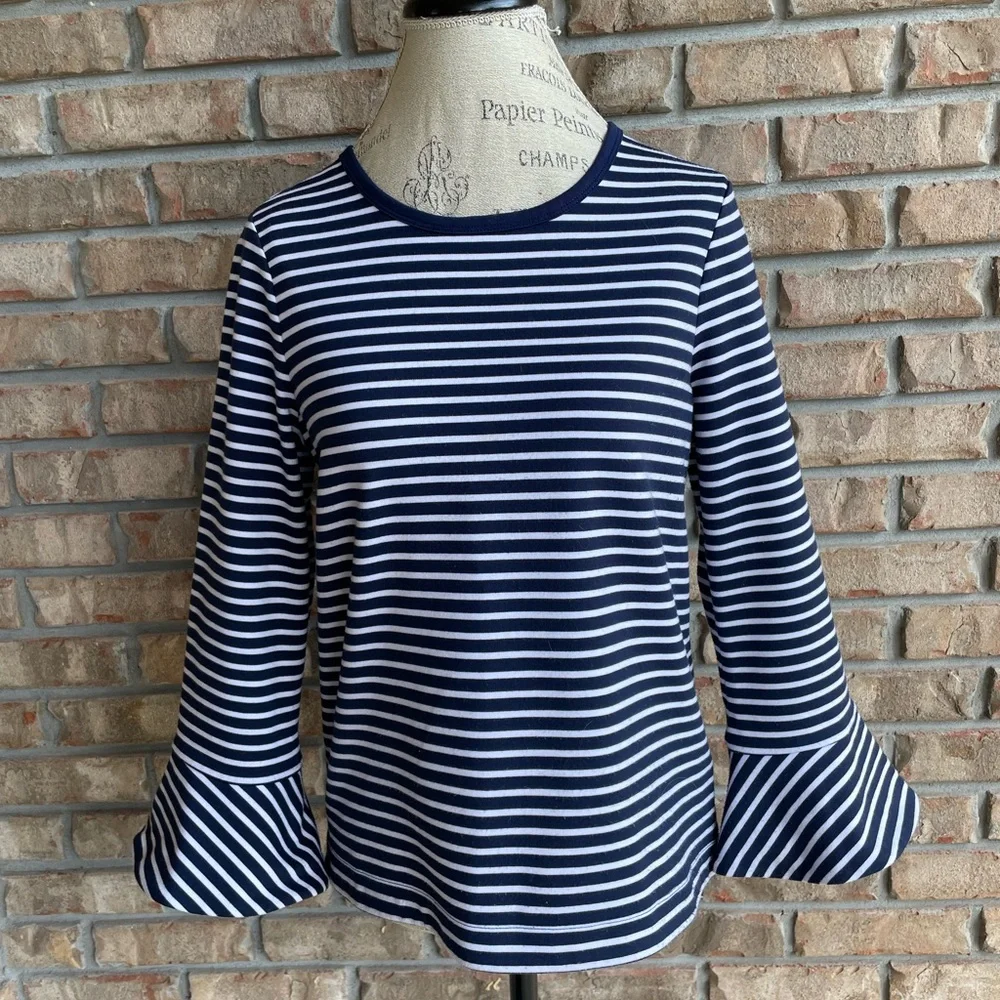 Draper James Sadler Navy and White Striped Long Sleeve Top with Bell Sleeves.